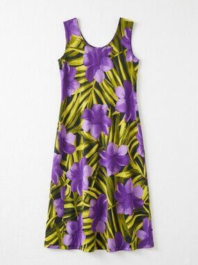 Purple Floral Tropical Print Dress Womens Small Sleeveless Knee Length Summer